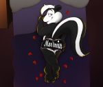 2020 anthro bed big_butt big_tail black_and_white_fur bottomwear butt butt_heart clothing digital_media_(artwork) fatzoimp flower_petals fur furniture hair hi_res hotpants looking_at_viewer looking_back looney_tunes lying male mammal mephitid on_bed on_front pep&eacute;_le_pew petals pinup pose presenting presenting_hindquarters raised_tail rear_view rose_petals shorts skunk smile smirk solo striped_skunk underwear warner_brothers 