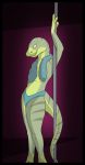  anatomically_correct anthro black_border border female gecko green_body green_scales hi_res humanoid lizard pole purple_background reptile scales scalie seductive simple_background solo squiggz_(artist) stripper_pole 