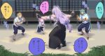  antenna_hair aqua_hair blonde_hair braid chatan_nakiri chiganemaru_(touken_ranbu) chiyoganemaru fighting_stance highres japanese_clothes jip kneeling light_purple_hair long_hair low-tied_long_hair male_focus meme multiple_boys outdoors outstretched_arms parody pink_hair ponytail prattkeeping purple_hair sengo_muramasa_(touken_ranbu) short_hair side_braid sidelocks soda_bottle touken_ranbu very_long_hair yellow_eyes 