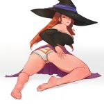  1girl ass bare_legs bare_shoulders barefoot breasts covered_nipples dragon&#039;s_crown full_body hat highres kneeling large_breasts lips litsilium long_hair orange_hair panties simple_background solo sorceress sorceress_(dragon&#039;s_crown) underwear white_background witch_hat 
