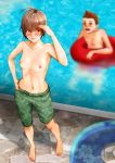  1boy 1girl absurdres ahoge bangs barefoot blurry blurry_background blush breasts brown_eyes brown_hair collarbone commentary depth_of_field embarrassed exhibitionism from_above gaping green_shorts hair_between_eyes hand_on_hip highres innertube kaki_o7o7 looking_at_another looking_back male_swimwear male_swimwear_challenge medium_breasts nail_polish navel nose_blush open_mouth original pink_nails pool poolside ribs shading_eyes shadow shorts spiked_hair standing stone_floor surprised swim_trunks swimwear thick_eyebrows tomboy topless trunks water 