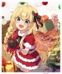  1girl :d absurdres ahoge bangs black_bow black_legwear black_ribbon blonde_hair blue_eyes blush bow box braid capelet christmas christmas_ornaments christmas_tree commentary_request dress eyebrows_visible_through_hair fur-trimmed_capelet fur-trimmed_dress fur-trimmed_gloves fur_trim gift gift_box gloves hair_between_eyes hair_bow hair_ornament hands_up heart highres holding holding_gift holly_hair_ornament iris_(konosuba) kono_subarashii_sekai_ni_shukufuku_wo! long_hair looking_at_viewer merry_christmas nut_megu open_mouth red_capelet red_dress red_gloves ribbon santa_costume signature single_braid smile solo thighhighs twitter_username upper_teeth very_long_hair 