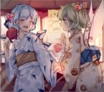  2girls alternate_costume bag bagged_fish blue_bow blue_eyes blue_hair blue_kimono blush booth bow candy_apple cirno closed_eyes commentary cowboy_shot daiyousei detached_wings fairy_wings fish food green_hair hair_bow hair_ornament hand_up holding holding_food holding_hands ice ice_wings japanese_clothes kimono long_sleeves looking_at_another multiple_girls night open_mouth print_kimono short_hair side_ponytail sorani_(kaeru0768) summer_festival touhou wide_sleeves wings yukata yuri 