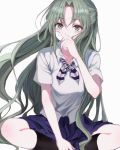  1girl bandage_on_face bandages black_legwear blue_skirt covering_mouth crossed_legs eyebrows_visible_through_hair fuyu_(wldnrowldnro) green_eyes green_hair hand_over_own_mouth higurashi_no_naku_koro_ni long_hair ribbon school_uniform shirt short_sleeves sitting skirt socks solo sonozaki_shion striped striped_ribbon white_background white_shirt 