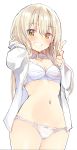  1girl blonde_hair blush bra breasts brown_eyes caburi character_request cleavage copyright_request cowboy_shot eyebrows_visible_through_hair grin highres long_hair navel no_pants open_clothes open_shirt panties pointing pointing_at_viewer simple_background small_breasts smile solo underwear w white_background white_bra white_panties 