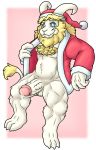  altenusy anthro asgore_dreemurr balls barazoku beard biceps blonde_hair bodily_fluids boss_monster bovid caprine christmas christmas_clothing christmas_headwear claws clothed clothing digital_media_(artwork) erection facial_hair fur genital_fluids genitals hair hat headgear headwear holidays horn humanoid_genitalia humanoid_penis looking_at_viewer male mammal muscular muscular_anthro muscular_male pecs penis santa_hat simple_background smile solo undertale video_games white_body white_fur 