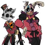  1:1 1_eye 2020 4_fingers angry animatronic annoyed anthro black_eyebrows black_nose black_sclera blue_eyes bone bottomwear bow_tie canid canine claws clothed clothing clown clown_nose clown_springtrap_(fnaf) coat crossed_arms dilated_pupils duo eyebrows fingers five_nights_at_freddy&#039;s five_nights_at_freddy&#039;s_3 five_nights_at_freddy&#039;s_ar flower fox foxy_(fnaf) fur grey_body grey_fur grey_tail hair half-closed_eyes hat headgear headwear hi_res keyring keys lagomorph leporid lips long_ears looking_at_viewer machine male mammal metal metallic metallic_body multicolored_body multicolored_eyes multicolored_tail narrowed_eyes notched_ear orange_body orange_eyes pants pirate plant purple_eyes purple_hair purrpl_(artist) rabbit raised_eyebrow raised_eyebrows red_lips red_nose ringmaster ringmaster_foxy_(fnaf) robot rotten_teeth sharp_claws sharp_teeth shirt short_hair signature simple_background skull smile springtrap_(fnaf) standing teeth top_hat topwear torn_body uniform video_games weapon whip whip_hand white_background white_body white_fur white_tail wide_eyed wire yellow_teeth 