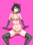  1girl bare_shoulders black_choker black_gloves black_hair black_legwear breasts choker collarbone elbow_gloves eyebrows_visible_through_hair gloves green_eyes highres horns invisible_chair multicolored multicolored_hair navel navel_piercing nipple_piercing o-ring original parted_lips piercing pink_background purple_hair pussy revealing_clothes shiny shiny_skin simple_background sitting smile solo spread_legs streaked_hair vvv 