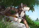  2018 anthro arctic_fox areola breasts brown_body brown_fur canid canine day deerstail detailed_background digital_media_(artwork) eyebrows eyelashes female fox fur green_eyes hunter mammal melee_weapon nipples nude outside polearm sky solo spear tribal weapon white_body white_fur 