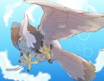  blue_eyes cloud commentary_request day from_below gen_4_pokemon highres looking_at_viewer no_humans open_mouth outdoors pokemon pokemon_(creature) qua sky solo staraptor talons 