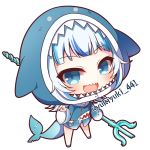  1girl :d animal_hood bangs big_head blue_eyes blue_hair blue_hoodie blue_nails chibi commentary_request drawstring eyebrows_visible_through_hair fish_tail full_body gawr_gura hololive hololive_english hood hood_up hoodie long_hair long_sleeves looking_at_viewer multicolored_hair nail_polish open_mouth polearm shark_hood shark_tail sharp_teeth simple_background smile solo standing streaked_hair tail teeth trident twitter_username virtual_youtuber weapon white_background wide_sleeves yukiyuki_441 