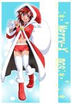  1girl blush breasts christmas graphite_(medium) hair_ornament hat hino_akane_(smile_precure!) looking_at_viewer millipen_(medium) navel onnaski open_mouth precure red_eyes red_hair sack santa_costume santa_hat short_hair shorts smile smile_precure! solo thighhighs traditional_media 