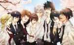  3girls 5boys bangs black_hair blush brown_hair character_request cherry_blossoms closed eyes formal jacket kougami_shin&#039;ya leopon multiple_boys multiple_girls necktie open_mouth psycho-pass shirt short_hair suit tsunemori_akane 