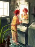  1girl ahoge barefoot bathroom blurry_foreground bottle brushing_teeth cup full_body holding holding_cup holding_toothbrush long_sleeves mame_usagi mirror original pajamas patterned_clothing plant red_hair shelf short_hair sink solo standing toothbrush window yellow_pajamas 
