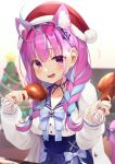  1girl ^^^ anchor_hair_ornament anchor_symbol animal_ear_fluff animal_ears bangs blue_bow blue_hair blue_hairband blue_ribbon blue_sailor_collar blue_skirt blurry blurry_background blush bow braid breasts cat_ears cat_girl cat_tail chicken_leg christmas christmas_ornaments christmas_tree commentary_request depth_of_field eyebrows_visible_through_hair eyewear_on_head food frilled_sailor_collar fur-trimmed_headwear grey-framed_eyewear hair_ornament hair_over_shoulder hairband hands_up hat heart heart-shaped_eyewear high-waist_skirt highres holding holding_food hololive jacket long_hair long_sleeves looking_at_viewer medium_breasts minato_aqua multicolored_hair nail_polish open_clothes open_jacket open_mouth pink_hair purple_eyes red_headwear ribbon sailor_collar santa_hat shirt skirt solo sweat tail tail_ornament tail_ribbon tokoshibyra twin_braids two-tone_hair virtual_youtuber white_jacket white_shirt 