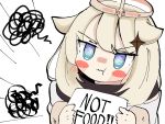  1girl blush blush_stickers dress english_text frown furrowed_eyebrows genshin_impact hair_between_eyes halo highres holding holding_sign looking_at_viewer paimon_(genshin_impact) pouty_lips scowl senlong45 short_hair sign spiral_eyes white_dress white_hair 