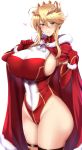  1girl ahoge artoria_pendragon_(all) artoria_pendragon_(lancer) bangs blonde_hair blush braid breasts cape covered_navel crown elbow_gloves fate/grand_order fate_(series) french_braid fur_trim gloves green_eyes hair_between_eyes highleg highleg_leotard hood hooded_cape huge_breasts kumakichi_(cost-lost) leotard long_hair looking_at_viewer red_cape red_gloves red_leotard sideboob sidelocks smile thighs 