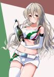  1girl alternate_costume bangs belt blush bottle breasts brown_eyes cleavage crop_top detached_sleeves flag_background grey_hair hair_between_eyes highres holding holding_bottle italian_flag kantai_collection komb large_breasts long_hair midriff navel pola_(kantai_collection) race_queen shorts simple_background single_thighhigh skindentation solo thighhighs wavy_hair white_legwear 
