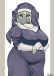 2020 absurd_res anthro big_breasts blush breasts chubby_female clothing elephant elephantid eyewear female glasses gloves green_eyes green_hair grey_body hair handwear hi_res looking_up mammal mofumofumachine nun_habit nun_outfit proboscidean smile solo thick_thighs trunk wide_hips 
