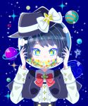  1girl :&lt; alternate_eye_color asteroid black_hair black_skirt bow bowtie capelet fedora hat hat_bow light_blue_eyes long_sleeves looking_at_viewer planet shirt short_hair skirt sky space space_helmet star_(sky) star_(symbol) starry_sky touhou usami_renko varukaro-re white_shirt 