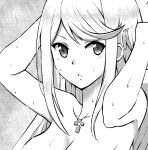  1girl adjusting_hair artist_request bangs bath blush breasts cleavage hanasaki_ixi large_breasts long_hair monochrome mythra_(xenoblade) nintendo nude pose shy simple_background smile solo swept_bangs wet xenoblade_chronicles_(series) xenoblade_chronicles_2 