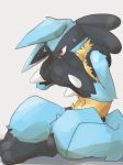  3_fingers 3_toes absurd_res ambiguous_gender anthro blue_body blue_fur bodily_fluids brown_eyes canid canine chest_spike chest_tuft digitigrade ears_down fingers fur hand_on_face hand_spike handpaw hi_res implied_transformation looking_at_self lucario mammal navel nintendo paws pivoted_ears pok&eacute;mon pok&eacute;mon_(species) shaded shadow simple_background sitting solo spikes spikes_(anatomy) sweat toes tuft video_games white_background yellow_body yellow_fur じゅうっとん 