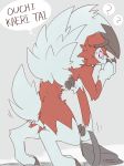  ? absurd_res ambiguous_gender anthro backpack biped black_body black_fur bodily_fluids canid canine cheek_tuft chest_tuft claws digitigrade facial_tuft finger_claws fur grey_background hand_on_face handpaw hi_res holding_object lycanroc mammal midnight_lycanroc multicolored_body multicolored_fur nintendo paws pok&eacute;mon pok&eacute;mon_(species) red_body red_eyes red_fur ringed_eyes scut_tail shadow simple_background solo standing sweat tears text thought_bubble toe_claws tuft video_games white_body white_fur じゅうっとん 