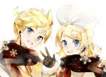  1boy 1girl bangs black_gloves black_scarf blonde_hair blue_eyes bow cable chinese_commentary commentary_request earphones english_commentary gloves grin hair_bow hair_ornament hairclip hand_up kagamine_len kagamine_rin looking_at_viewer mixed-language_commentary scarf shared_earphones short_hair short_ponytail smile snowflakes spiked_hair swept_bangs upper_body vocaloid w white_background white_bow yyb 
