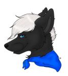  2017 ambiguous_gender anthro biped black_body black_ears black_face black_fur black_nose blue_eyes canid canine canis digital_media_(artwork) ear_piercing elsa_(ebonycrowned) fur hair headshot_portrait industrial_piercing looking_at_viewer low_res mammal mole_(marking) monotone_body monotone_ears monotone_eyes monotone_face monotone_fur monotone_hair monotone_nose neckerchief piercing portrait short_fur short_hair side_view simple_background smile smirk snout solo white_background white_hair wolf wolf-mutt 