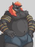  2020 anthro belly black_body black_fur black_nose bottomwear bulge canid canine canis clothing fur hi_res humanoid_hands male mammal moobs navel nipples overweight overweight_anthro overweight_male shorts solo vitashi wolf 