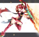  1girl absurdres arm_up arms_behind_head boots breasts fingerless_gloves fire gem gloves hair_ornament headpiece highres hiroki_shin holding holding_sword holding_weapon jewelry large_breasts looking_at_viewer pose pyra_(xenoblade) red_eyes red_hair red_shorts short_hair short_shorts shorts skindentation solo sword thighhighs thighs tiara weapon white_background xenoblade_chronicles_(series) xenoblade_chronicles_2 