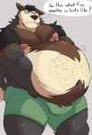  2020 anthro belly black_body black_fur bottomwear brown_body brown_fur bulge canid canine canis clothing english_text fur hi_res male mammal moobs nipples overweight overweight_anthro overweight_male shorts simple_background solo text vitashi wolf 
