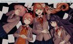  4girls blazer blue_skirt brown_hair buttons closed_eyes closed_mouth collared_shirt cursor doki_doki_literature_club eyebrows_behind_hair grey_blazer hair_ornament hair_ribbon hairclip hands_together highres jacket long_hair long_sleeves lying monika_(doki_doki_literature_club) multiple_girls natsuki_(doki_doki_literature_club) open_blazer open_clothes open_jacket orange_vest outstretched_arm papers pink_hair pleated_skirt ponytail purple_hair red_ribbon renshu_usodayo ribbon sayori_(doki_doki_literature_club) school_uniform shirt skirt sweater_vest twintails vest visible_ears white_ribbon white_shirt yuri_(doki_doki_literature_club) 