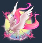  2015 absurd_res ambiguous_gender blue_background english_text equid feathered_wings feathers feral flying fur hi_res horn looking_at_viewer mammal mane mega_evolution nintendo pink_eyes pink_horn pink_inner_ear pink_mane pink_tail pok&eacute;mon pok&eacute;mon_(species) rapidash signature simple_background solo spread_wings text thecrownedheart video_games white_body white_feathers white_fur white_wings wings 