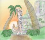  2014 anthro barefoot breasts canid canine canis female geckoguy123456789 hi_res jennifer_(geckoguy123456789) mammal ozzy-wildwind palm_tree plant pose smile solo standing sunset towel towel_only tree waterfall wolf 