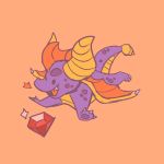  1:1 activision anthro chibi cryena dragon duo feral fire flying gem horn low_res male orange_background purple_body purple_scales scales simple_background spyro spyro_the_dragon video_games yellow_horn 