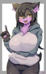  10:16 2020 absurd_res amber_eyes anthro big_breasts black_nose blush bottomwear breasts brown_hair canid chest_tuft clothing female fingerpads hair hi_res hoodie mammal mofumofumachine open_mouth pants pawpads pink_pawpads portrait simple_background smile solo topwear tuft 