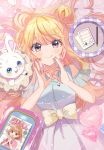  absurdres balloon bangs bare_shoulders blonde_hair bunny closed_mouth eyebrows_visible_through_hair heart highres hutaba_haru jewelry long_hair magazine necklace notebook original pencil purple_eyes smile water 