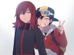  2boys backwards_hat bangs baseball_cap black_hair black_shirt clenched_teeth closed_mouth ethan_(pokemon) goggles goggles_on_headwear grey_eyes hair_between_eyes hand_on_another&#039;s_shoulder hat long_sleeves looking_at_viewer male_focus multiple_boys orange_eyes oshi_taberu pokemon pokemon_adventures red_hair shirt silver_(pokemon) smile teeth v 