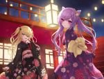  2girls absurdres architecture bangs blonde_hair east_asian_architecture fischl_(genshin_impact) floral_print flower genshin_impact gloves green_eyes hair_between_eyes hair_ears hair_flower hair_ornament hair_over_one_eye highres japanese_clothes jewelry keqing kimono kou_takugou lantern light long_hair long_sleeves looking_at_viewer multiple_girls night night_sky purple_eyes purple_hair sash sky smile stairs twintails 
