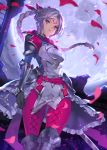  1girl armor black_gloves braid broken bucchake_(asami) closed_mouth cloud cloudy_sky diana_(league_of_legends) eyebrows_visible_through_hair eyes_visible_through_hair facial_mark frills gloves greaves grey_hair league_of_legends long_hair long_ponytail moon pauldrons petals pink_lips ponytail purple_eyes shoulder_armor sky solo sword turtleneck vambraces weapon window 