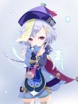  1girl anapoko_(user_wtmm5875) aura bangs bead_necklace beads blush braid coin coin_hair_ornament eyelashes genshin_impact hair_between_eyes hat highres jewelry jiangshi long_hair long_sleeves looking_at_viewer necklace purple_eyes purple_hair purple_headwear qing_guanmao qiqi salute talisman thighhighs two-finger_salute white_legwear wide_sleeves work_in_progress 