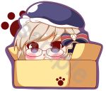  1girl :&lt; absurdres azur_lane bangs beret black-framed_eyewear blue_eyes blue_headwear blush bow box brown_hair cardboard_box chibi commentary_request eyebrows_visible_through_hair glasses hair_bow hand_up hat highres in_box in_container kurukurumagical outline parted_lips purple_outline sample solo striped striped_bow triangle_mouth white_background z23_(azur_lane) 