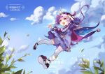  1girl airborne bead_necklace beads blush braid cloud cloudy_sky coin coin_hair_ornament genshin_impact hair_between_eyes hakata_(pixiv_id_12906920) hat jewelry long_sleeves necklace open_mouth purple_eyes purple_headwear qing_guanmao qiqi sky talisman thighhighs white_legwear wide_sleeves wind 