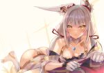  1girl animal_ears ass backlighting bangs bare_shoulders bed blush breasts chest_jewel cleavage collar covered_navel detached_sleeves eyebrows_visible_through_hair facial_mark gloves highleg highleg_leotard hinot leash leotard long_hair looking_at_viewer low_twintails lying medium_breasts nia_(blade)_(xenoblade) nia_(xenoblade) open_mouth ribbon silver_hair symbol-shaped_pupils twintails very_long_hair xenoblade_chronicles_(series) xenoblade_chronicles_2 yellow_eyes 