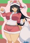  2020 anthro anvel big_breasts black_hair black_nose blush breasts canid canine christmas countershading female fox hair hi_res holidays looking_at_viewer mammal mofumofumachine simple_background smile solo white_countershading wide_hips yellow_body 