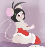  2020 anthro black_hair breasts butt christmas christmas_clothing clothed clothing cookie dashboom female food fur grey_body grey_fur hair hi_res holidays looking_at_viewer looking_back mammal michelle_(dashboom) mistletoe mouse murid murine plant rodent simple_background 