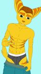  9:16 abs anthro bulge clothed clothing fur fur_tail gesture hi_res humanoid lombax male mammal muscular muscular_male orange_body orange_fur pants_down partially_clothed ratchet ratchet_and_clank solo sony_corporation sony_interactive_entertainment topless underwear v_sign vdrebi video_games 