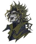  10den 1boy blonde_hair collarbone covered_collarbone dio_brando earrings face fangs glint headband heart highres jewelry jojo_no_kimyou_na_bouken male_focus open_mouth simple_background sketch smile solo spiked_hair tongue turtleneck upper_body vampire white_background yellow_eyes 