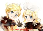  1boy 1girl bangs black_gloves black_scarf blonde_hair blue_eyes bow cable character_name chinese_commentary commentary_request earphones english_commentary gloves grin hair_bow hair_ornament hairclip hand_up happy_birthday kagamine_len kagamine_rin looking_at_viewer mixed-language_commentary scarf shared_earphones short_hair short_ponytail smile snowflakes spiked_hair swept_bangs upper_body vocaloid w white_background white_bow yyb 